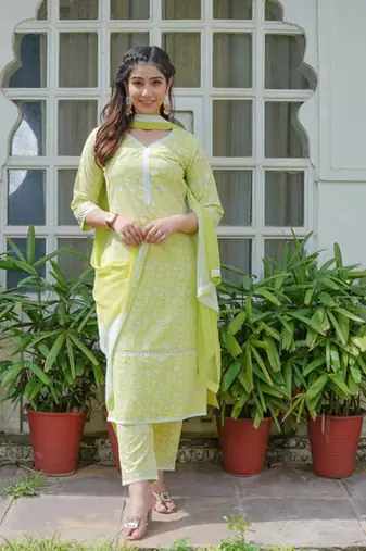 Lime green cotton printed aline kurta pant with dupatta set