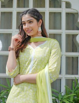 Lime green cotton printed aline kurta pant with dupatta set 5