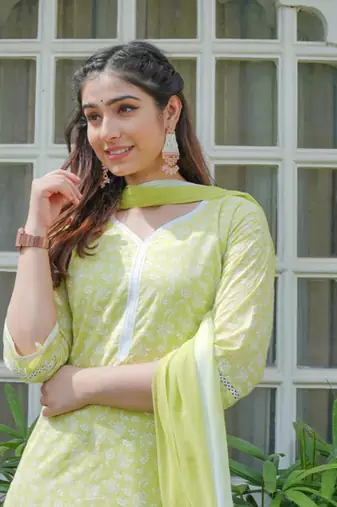 Lime green cotton printed aline kurta pant with dupatta set