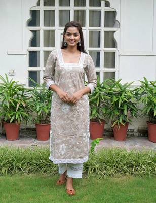 Brown cotton embroidery aline kurta with pant set 1