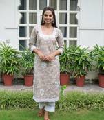Brown cotton embroidery aline kurta with pant set