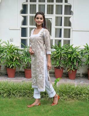 Brown cotton embroidery aline kurta with pant set 2