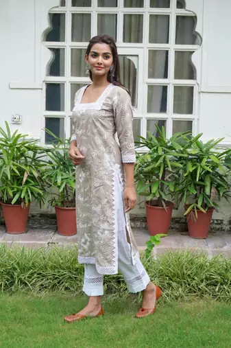 Brown cotton embroidery aline kurta with pant set