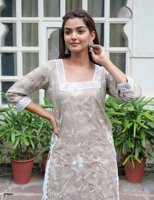 Brown cotton embroidery aline kurta with pant set 3