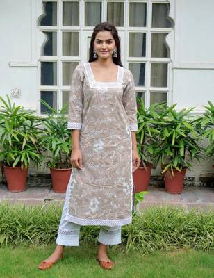 Brown cotton embroidery aline kurta with pant set 4