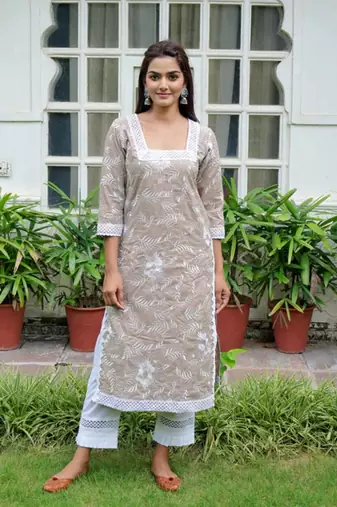 Brown cotton embroidery aline kurta with pant set