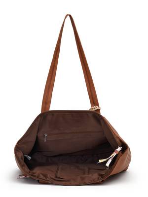 lush tan & multi floral printed polycotton canvas & pu tote bag 7