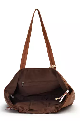 lush tan & multi floral printed polycotton canvas & pu tote bag