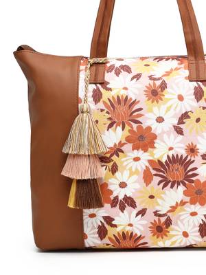lush tan & multi floral printed polycotton canvas & pu tote bag 8