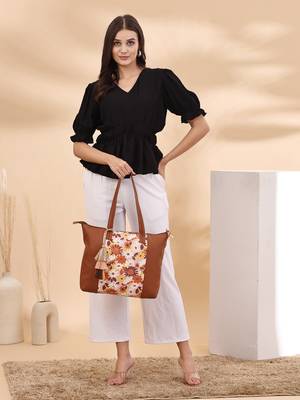lush tan & multi floral printed polycotton canvas & pu tote bag 9