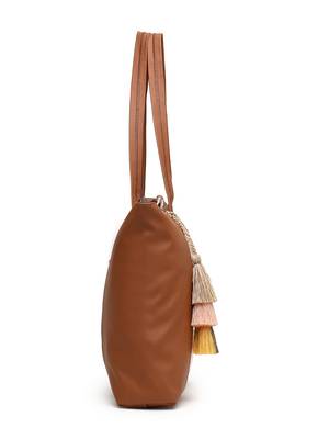 lush tan & multi floral printed polycotton canvas & pu tote bag 10