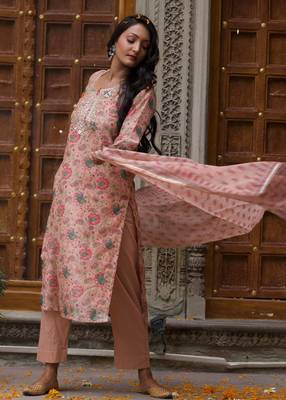 Peach straight fit chanderi suit set (with pants and dupatta) 1
