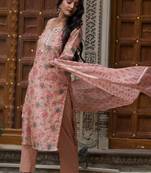 Peach straight fit chanderi suit set (with pants and dupatta)