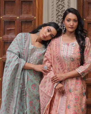 Peach straight fit chanderi suit set (with pants and dupatta) 2