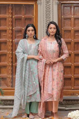 Peach straight fit chanderi suit set (with pants and dupatta) 4
