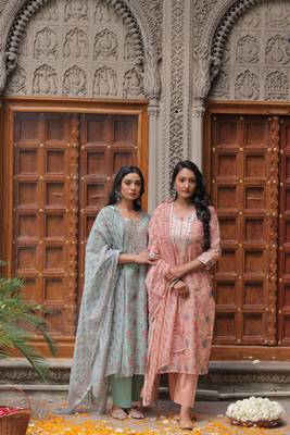 Peach straight fit chanderi suit set (with pants and dupatta) 5