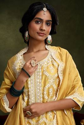 Yellow chanderi straight fit suit set (with pants and dupatta) 1