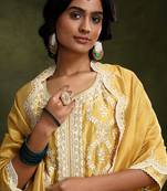 Yellow chanderi straight fit suit set (with pants and dupatta)
