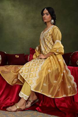 Yellow chanderi straight fit suit set (with pants and dupatta) 2