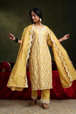 Yellow chanderi straight fit suit set (with pants and dupatta) 3