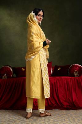Yellow chanderi straight fit suit set (with pants and dupatta) 4
