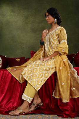 Yellow chanderi straight fit suit set (with pants and dupatta) 5