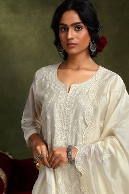 Cream chanderi sraight fit suit set (with pants and dupatta) 5