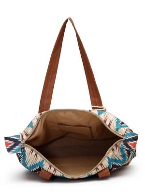 rangoli cream, tan & multi ikat digital printed polycotton canvas & pu tote bag 7
