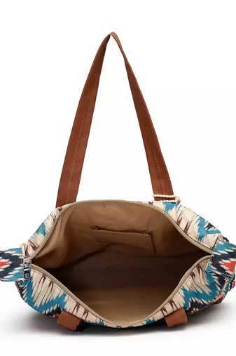 rangoli cream, tan & multi ikat digital printed polycotton canvas & pu tote bag