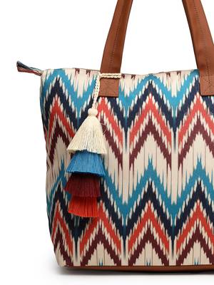 rangoli cream, tan & multi ikat digital printed polycotton canvas & pu tote bag 8