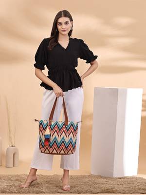 rangoli cream, tan & multi ikat digital printed polycotton canvas & pu tote bag 9