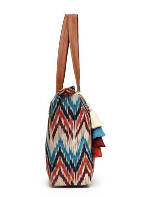 rangoli cream, tan & multi ikat digital printed polycotton canvas & pu tote bag 10