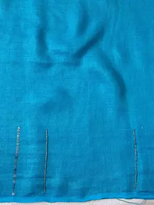 Handmade bhagalpuri linen saree with mirror work in sea blue shade with blouse piece 3