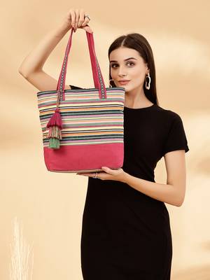 eco- friendly magenta & multi striped jacquard cotton canvas tote bag 8