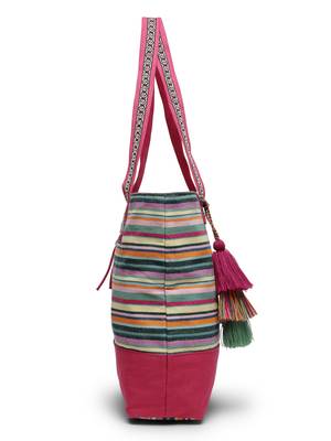 eco- friendly magenta & multi striped jacquard cotton canvas tote bag 9