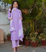Purple women printed aline kurta pant with dupatta set