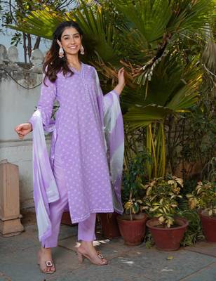 Purple women printed aline kurta pant with dupatta set 3