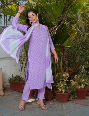 Purple women printed aline kurta pant with dupatta set 4