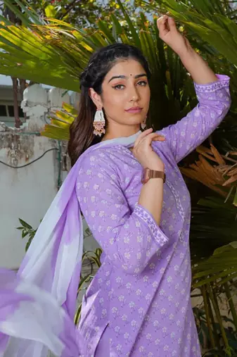 Purple women printed aline kurta pant with dupatta set