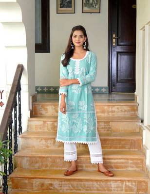 Light blue cotton embroidery aline kurta with pant set 1