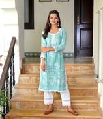 Light blue cotton embroidery aline kurta with pant set
