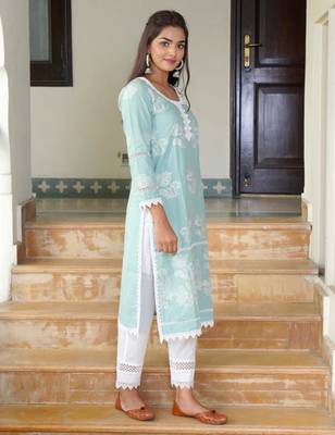 Light blue cotton embroidery aline kurta with pant set 2