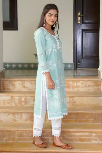 Light blue cotton embroidery aline kurta with pant set