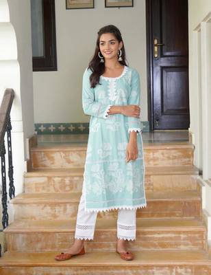Light blue cotton embroidery aline kurta with pant set 4