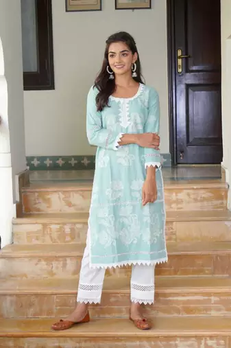 Light blue cotton embroidery aline kurta with pant set