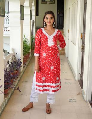 Red printed aline kurta with pant set 1