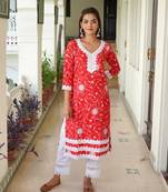 Red printed aline kurta with pant set