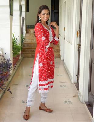 Red printed aline kurta with pant set 2