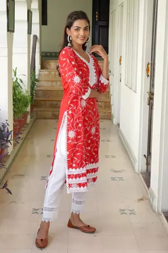 Red printed aline kurta with pant set