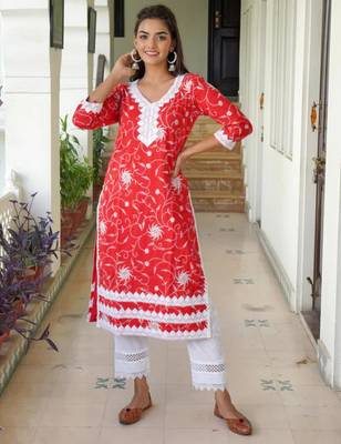 Red printed aline kurta with pant set 3